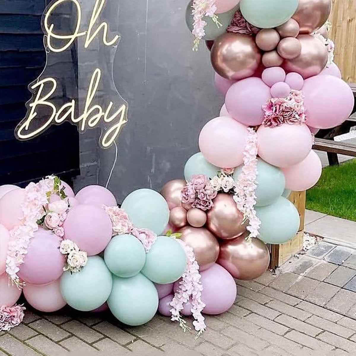 Pink White Gold Balloon Garland, Double Stuffed Pastel