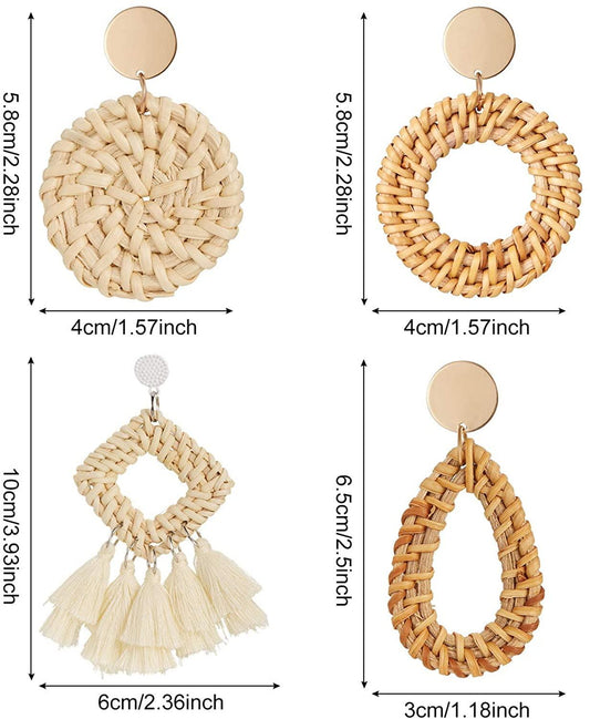 4 Pairs Rattan Earrings Lightweight Geometric Tassel Woven Bohemian Earrings Handmade - Decotree.co Online Shop