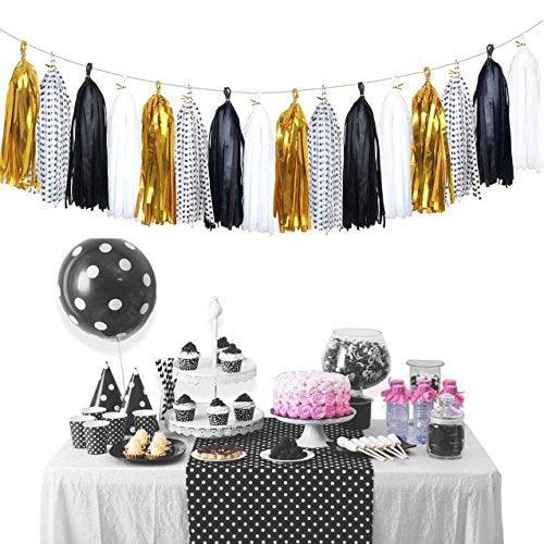 Aonor Tissue Paper Tassels Banner - Tassels Garland for Bachelorette Party, Birthday Party, Black and Gold Party Decorations 20 Pcs
