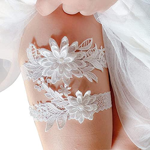 Wedding Garters for Bride Daisy Lace Bridal Garter Hand Sewn Faux Pearls Garter Set 2 Pieces (White) - Decotree.co Online Shop