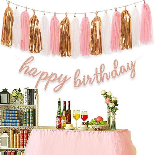 Rose Gold Birthday Party Decorations - Glittery Rose Gold Happy Birthday Banner and Tissue Paper Tassels Garland for Birthday Decorations - Decotree.co Online Shop