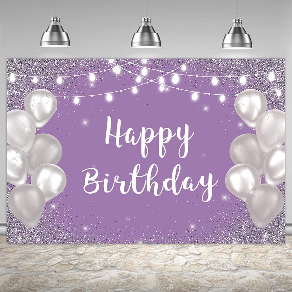 Violet Purple Silver Happy Birthday Photo Backdrop Silver Balloon White Lights Girls 16th 18th 30th Birthday Party Banner - Decotree.co Online Shop