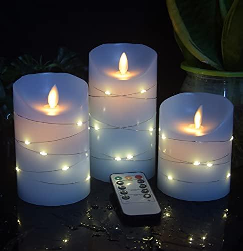 Blue flameless Candle with Embedded Light String, 3 LED Candles, 10-Key Remote Control, 24-Hour Timer Function - Decotree.co Online Shop