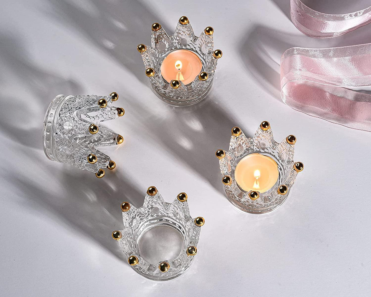 Crown Glass Crystal Tealight Candle Holder Decorative Set of 6, Ashtray Candle Holder, Glass Votive Candle Holders - Decotree.co Online Shop