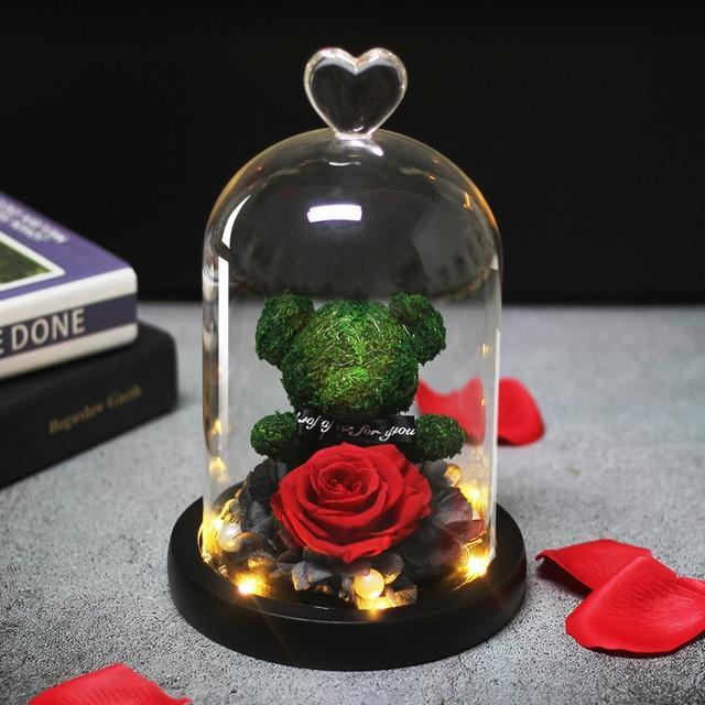 Eternal Preserved Fresh Rose Lovely Teddy Bear Molding Led Light In A Flask Immortal Rose Valentine's Day Mother's Day Gifts - Decotree.co Online Shop