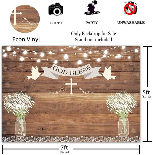 First Holy Communion Baptism Party Backdrop Rustic Wood God Bless Floral Photography Background - Decotree.co Online Shop