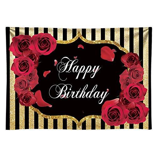 Floral Happy Birthday Party Backdrop Roses Flowers Black and God Stripes Girl Adult Photography Background - Decotree.co Online Shop