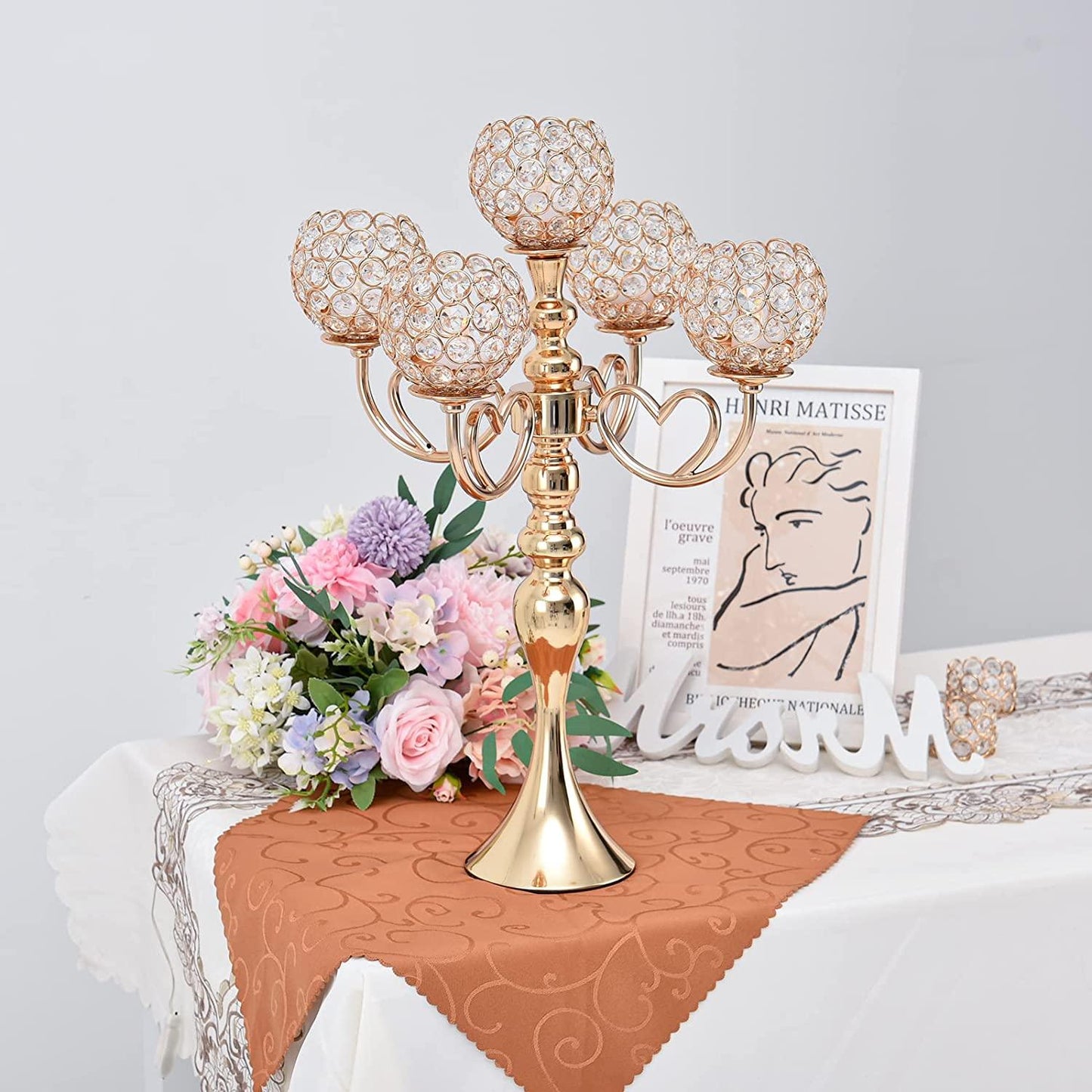 Gold Crystal Candle Holders 5 arm Candelabra Centerpiece for Wedding Table Decorations - Decotree.co Online Shop