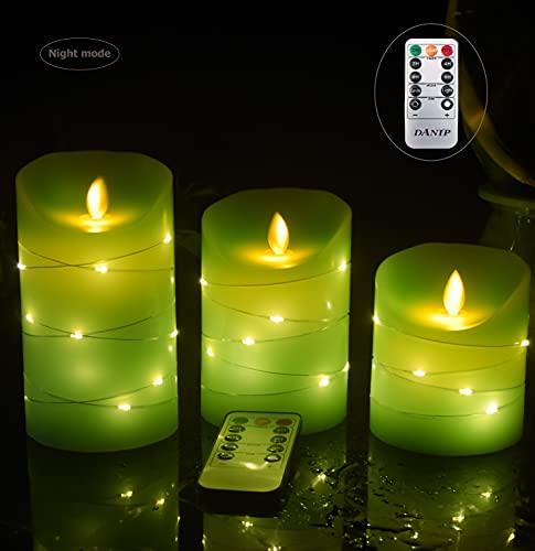 Green LED flameless Candle with Embedded Starlight String, 3 LED Candles, 10-Key Remote Control, 24-Hour Timer Function, Dancing Flame - Decotree.co Online Shop