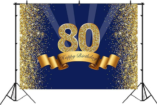 Happy 80th Birthday Photography Backdrop for Adult Men Navy Blue and Glitter Gold Eighty Years Old Background - Decotree.co Online Shop