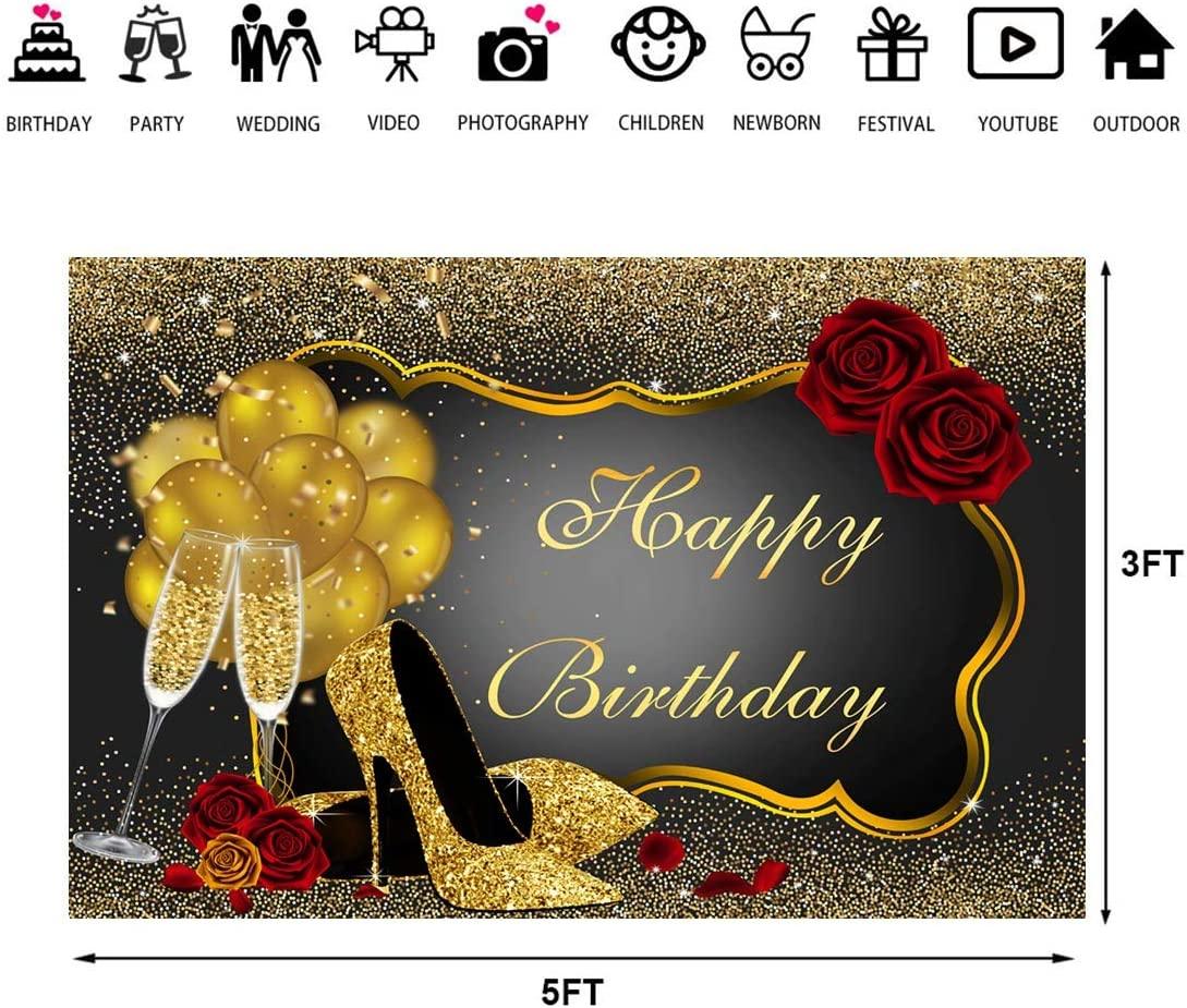 Happy Birthday Backdrop Glitter Gold Red Rose Floral Golden Balloons Heels Champagne Glass Background - Decotree.co Online Shop