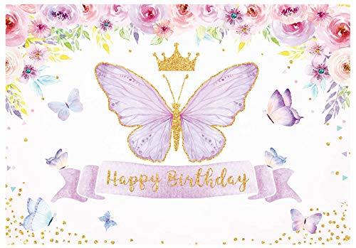 Happy Birthday Butterfly Party Backdrop Purple Baby Girls Princess Pink Rose Floral Gold Photography Background - Decotree.co Online Shop