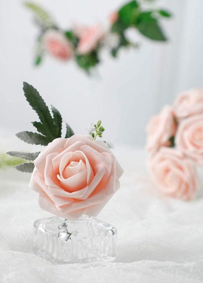 Real Looking Artificial Flowers Blush Foam Fake Roses with Stems for DIY Wedding Bouquets Pink Bridal Shower Centerpieces - Decotree.co Online Shop