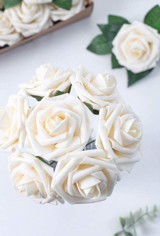 Real Looking Cream Foam Fake Roses with Stems for DIY Wedding Bouquets Bridal Shower Centerpieces Decor - Decotree.co Online Shop