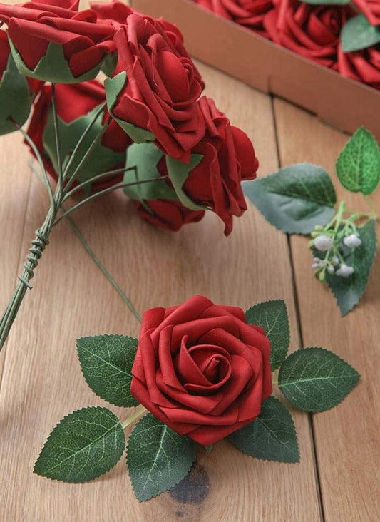 Real Looking Dark Red Foam Fake Roses with Stems for DIY Wedding Bouquets Bridal Shower Centerpieces Floral Party Tables Decorations - Decotree.co Online Shop