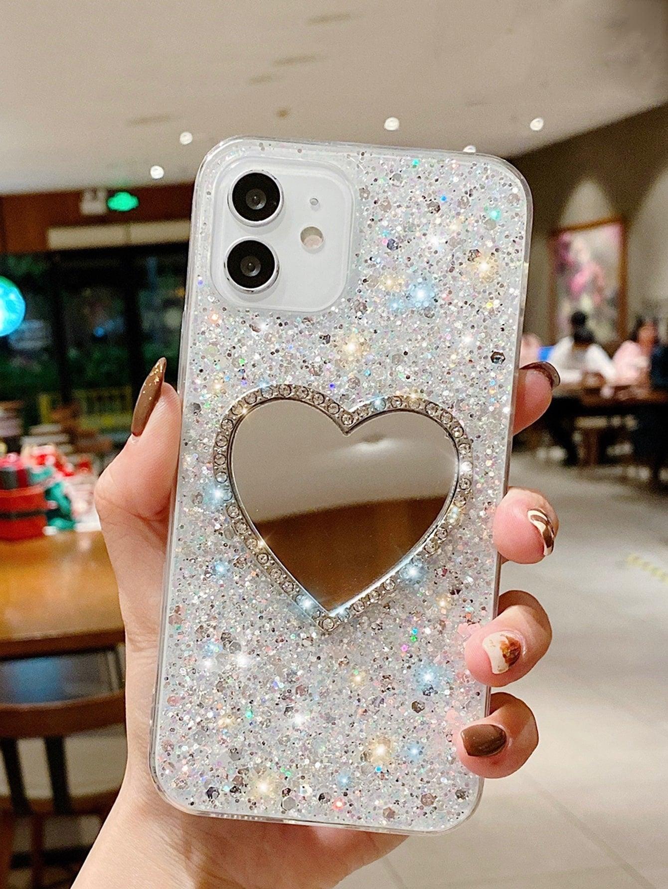 Rhinestone Decor Heart Shaped Mirror Glitter Phone Case Rhinestone Decor Heart Shaped Mirror Glitter Phone Case