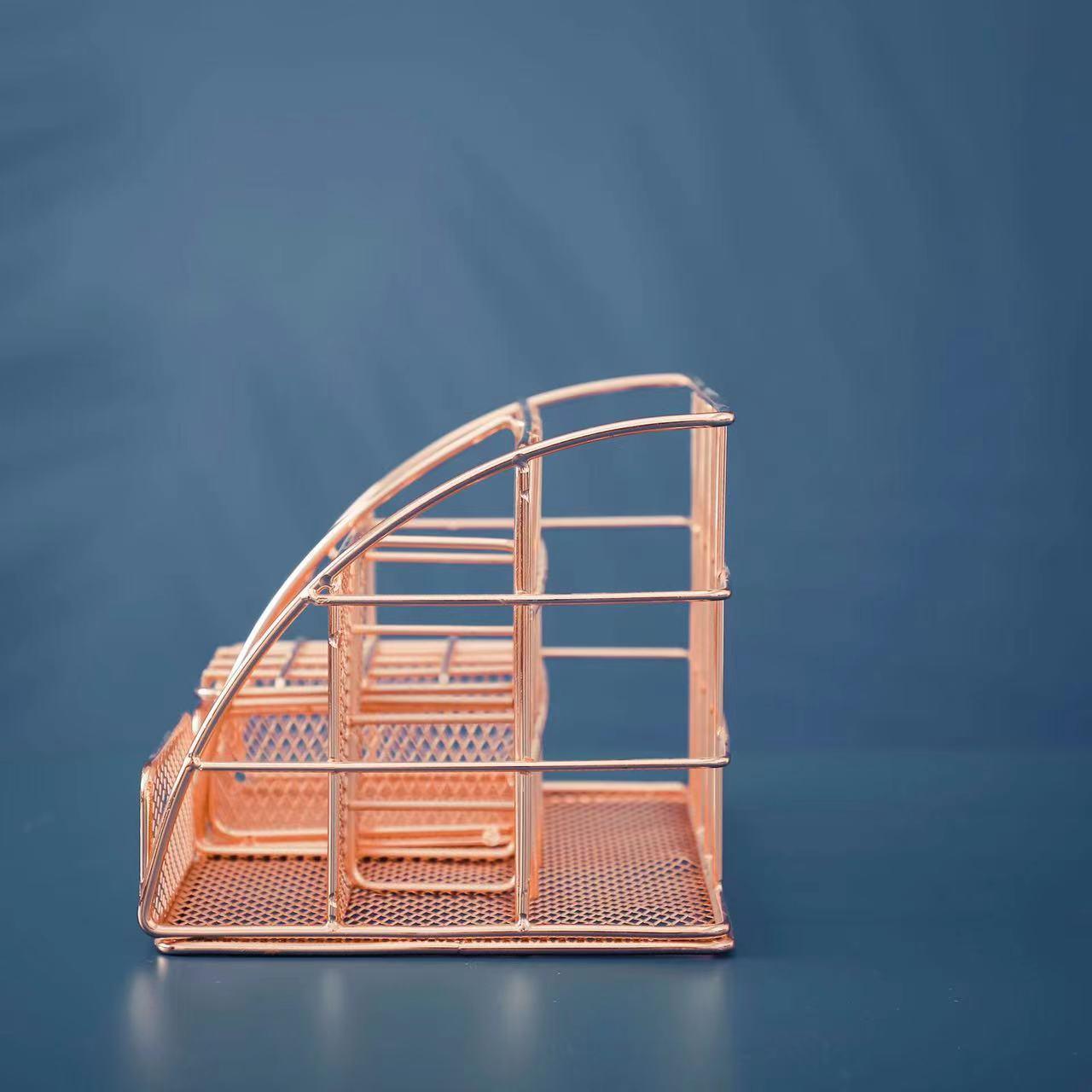 Rose Gold Desk Organizer for Women, Mesh Office Supplies Desk Accessories, Features 5 Compartments + 1 Mini Sliding Drawer - Decotree.co Online Shop