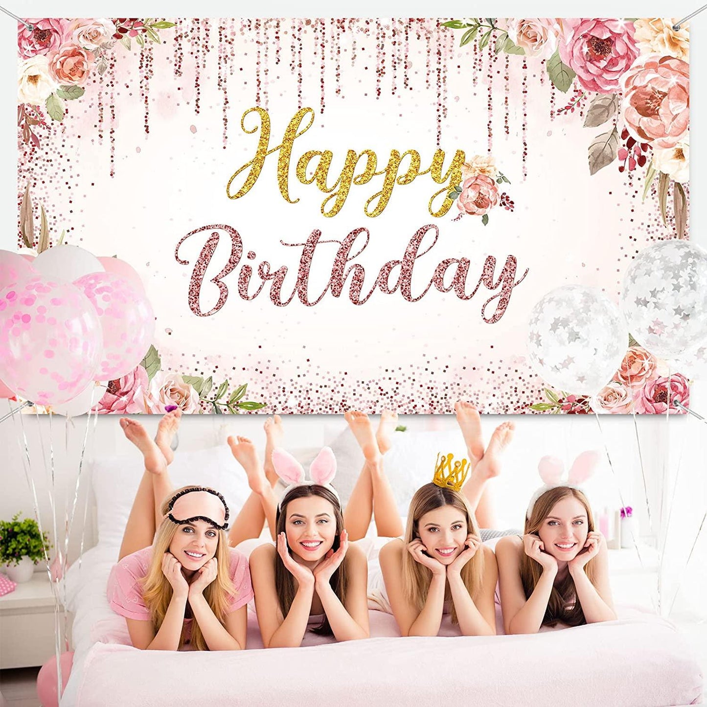 Rose Gold Happy Birthday Backdrop Decorations for Women Pink and Gold Background - Decotree.co Online Shop