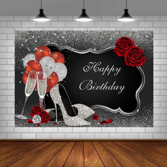 Sliver and Black Happy Birthday Backdrop Glitter Sequin High Heels Champagne Glasses Red Rose Balloons - Decotree.co Online Shop
