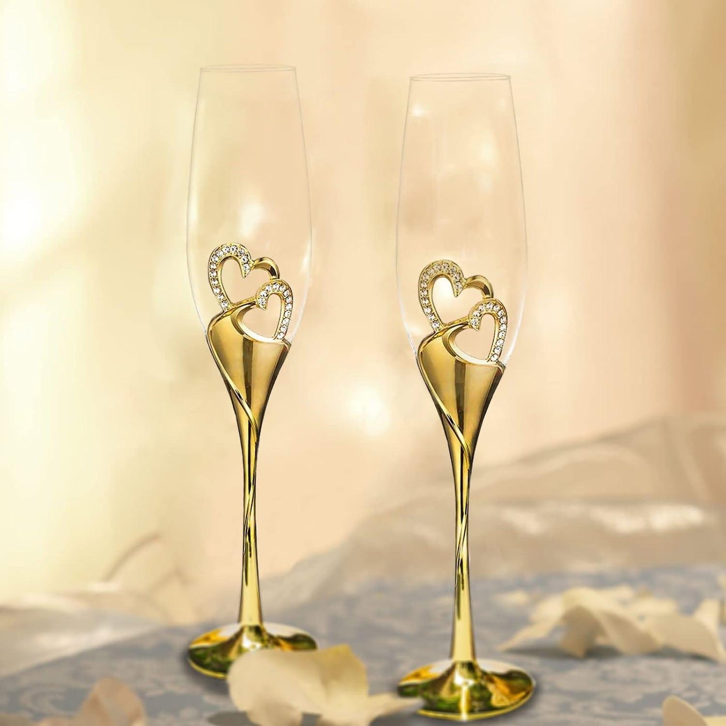 Wedding Champagne Glass Set Gold Toasting Flute Glasses Deluxe Pack of 2 with Rhinestone Rimmed Hearts - Decotree.co Online Shop