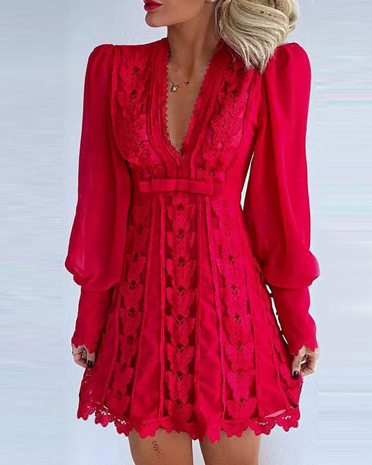 White Elegant Dresses Sexy V Neck Lace Dress Long Puff Sleeve Butterfly Dress For Women - Decotree.co Online Shop