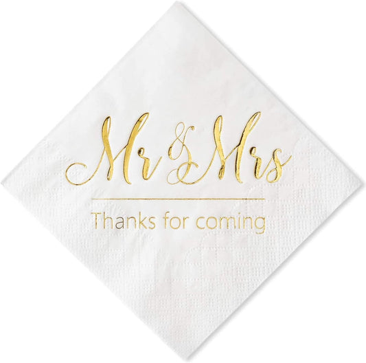 Napkins Mr and Mrs Gold Cocktail Beverage Dessert for Wedding Shower Engagement Party Decorations, Cake Table Decor Supplies. 100 Pcs, 3-Ply