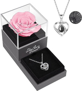 Preserved Red Real Rose with I Love You Necklace  -Eternal Flowers Rose Gifts for Mom Wife