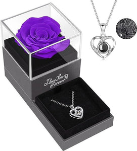 Preserved Red Real Rose with I Love You Necklace  -Eternal Flowers Rose Gifts for Mom Wife