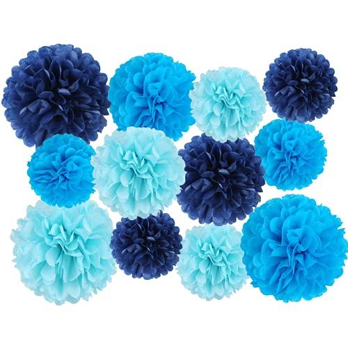 12 Pcs Tissue Pom Poms Kit, Tissue Paper Flowers for Birthday, Boy Baby Shower, Nursery, Graduation, Bachelorette Party Decoration (Blue Mix) - Decotree.co Online Shop