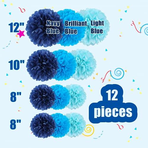 12 Pcs Tissue Pom Poms Kit, Tissue Paper Flowers for Birthday, Boy Baby Shower, Nursery, Graduation, Bachelorette Party Decoration (Blue Mix) - Decotree.co Online Shop