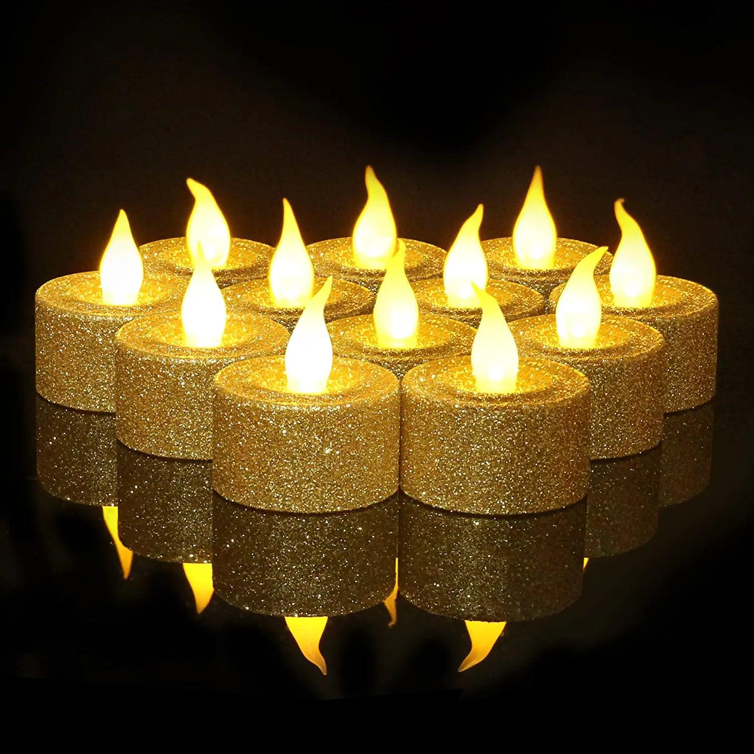 12pcs LED Glittery Candles Battery Operated Tea Lights with Built-In 6/18 Timer for Parties - Decotree.co Online Shop