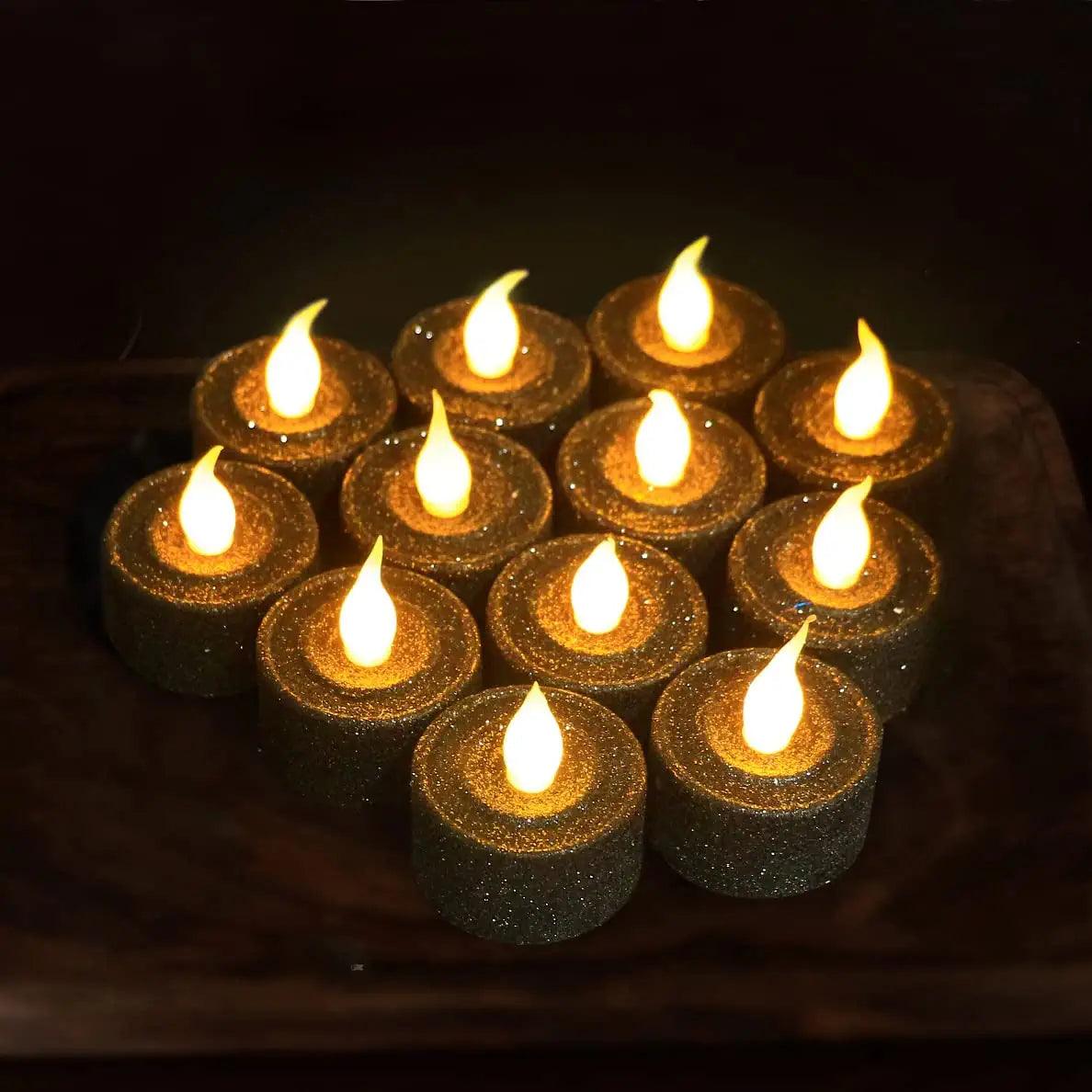 12pcs LED Glittery Candles Battery Operated Tea Lights with Built-In 6/18 Timer for Parties - Decotree.co Online Shop