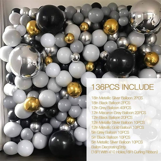 136PCS Metallic Silver Gold Black Grey Macaron Grey Balloon Arch Garland - Decotree.co Online Shop