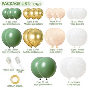 139 Pcs Sage Balloons Garland Kit Arch Olive Green White And Metallic Gold Nude Safari Birthday Party Decoration - Decotree.co Online Shop