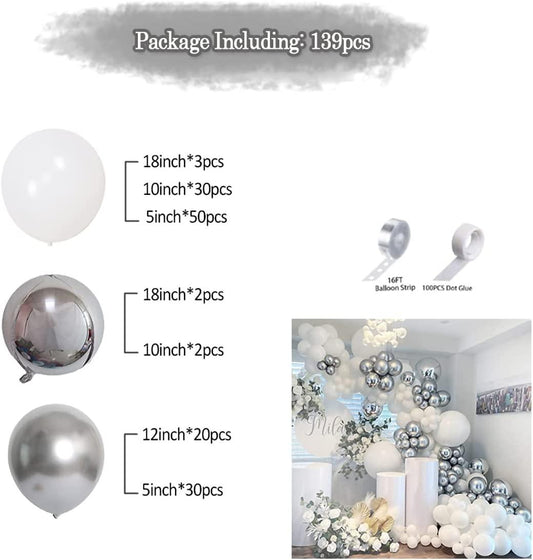 139 Pieces White Silver Balloon Arch Garland Kit, Latex Balloons for Baby Shower Wedding Birthday Graduation - Decotree.co Online Shop