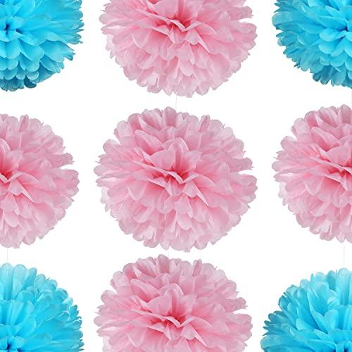 14" Pink and Blue Tissue Pom Poms Kit DIY Decorative Paper Flowers for Baby Shower Boy or Girl Gender Reveal Party Wedding Backdrop Pack of 10 - Decotree.co Online Shop