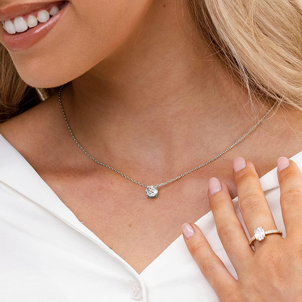 14K Gold Plated Crystal Solitaire 1.5 Carat (7.3mm) CZ Dainty Choker Necklace - Decotree.co Online Shop