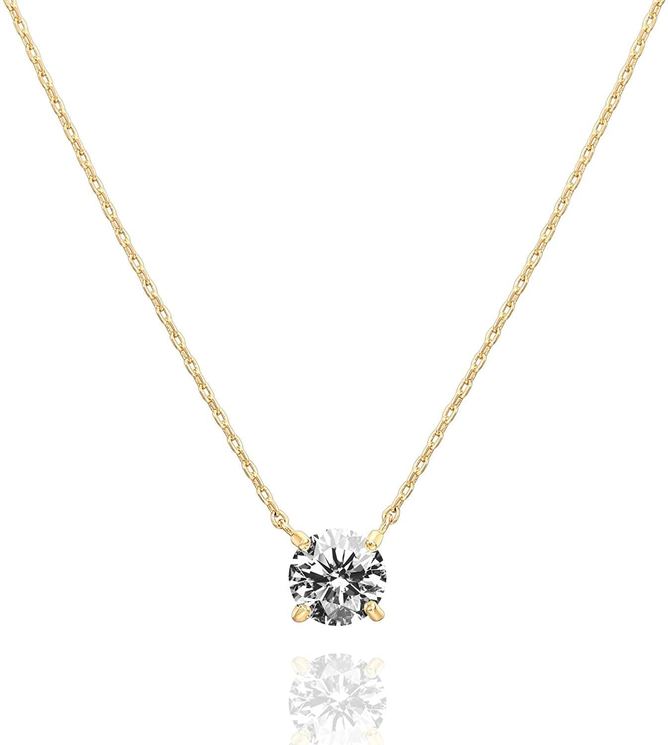 14K Gold Plated Crystal Solitaire 1.5 Carat (7.3mm) CZ Dainty Choker Necklace - Decotree.co Online Shop