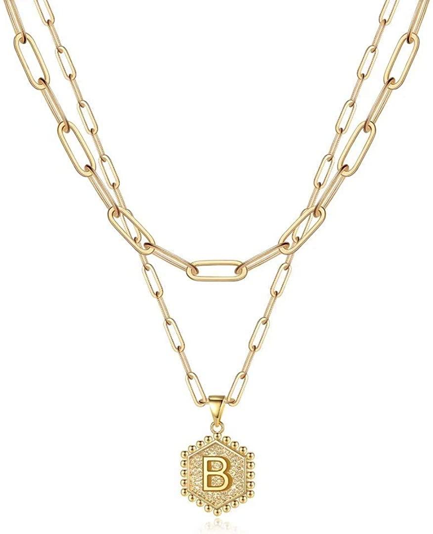 14K Gold Plated Paperclip Chain Necklace Simple Cute Hexagon Letter Pendant Initial Choker Necklace - Decotree.co Online Shop