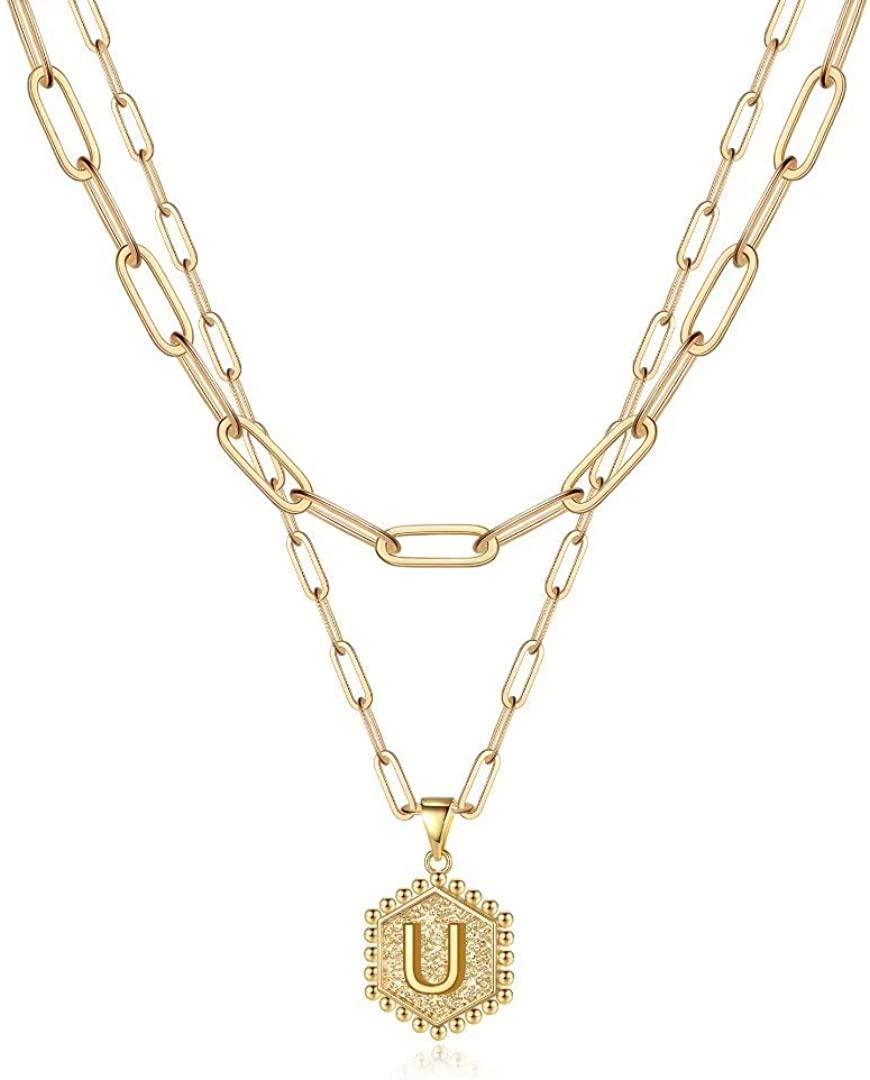 14K Gold Plated Paperclip Chain Necklace Simple Cute Hexagon Letter Pendant Initial Choker Necklace - Decotree.co Online Shop