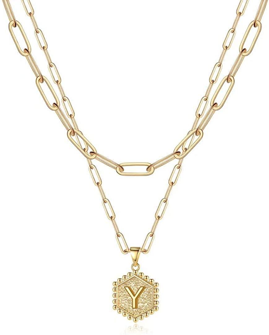 14K Gold Plated Paperclip Chain Necklace Simple Cute Hexagon Letter Pendant Initial Choker Necklace - Decotree.co Online Shop