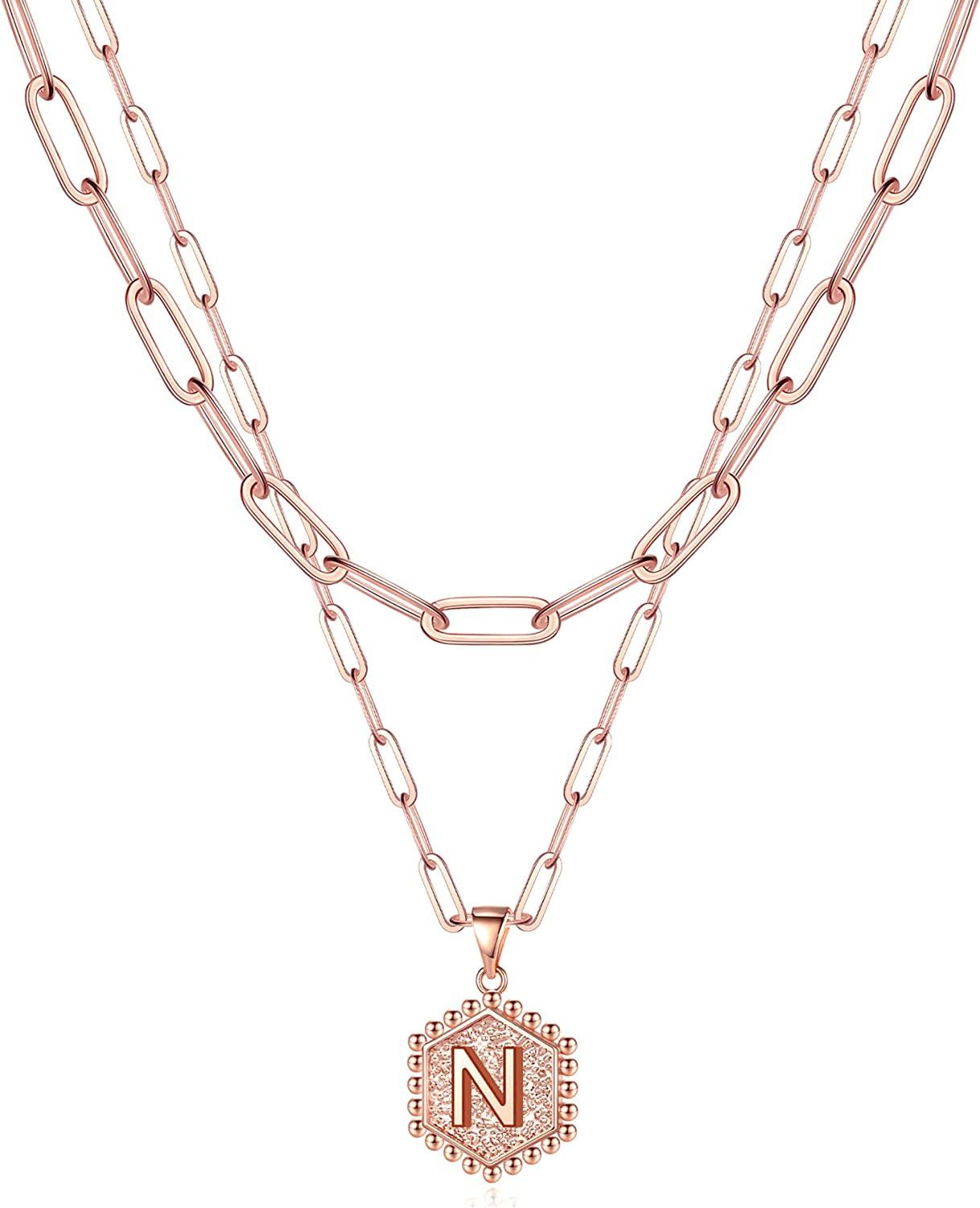 14K Gold Plated Paperclip Chain Necklace Simple Cute Hexagon Letter Pendant Initial Choker Necklace - Decotree.co Online Shop