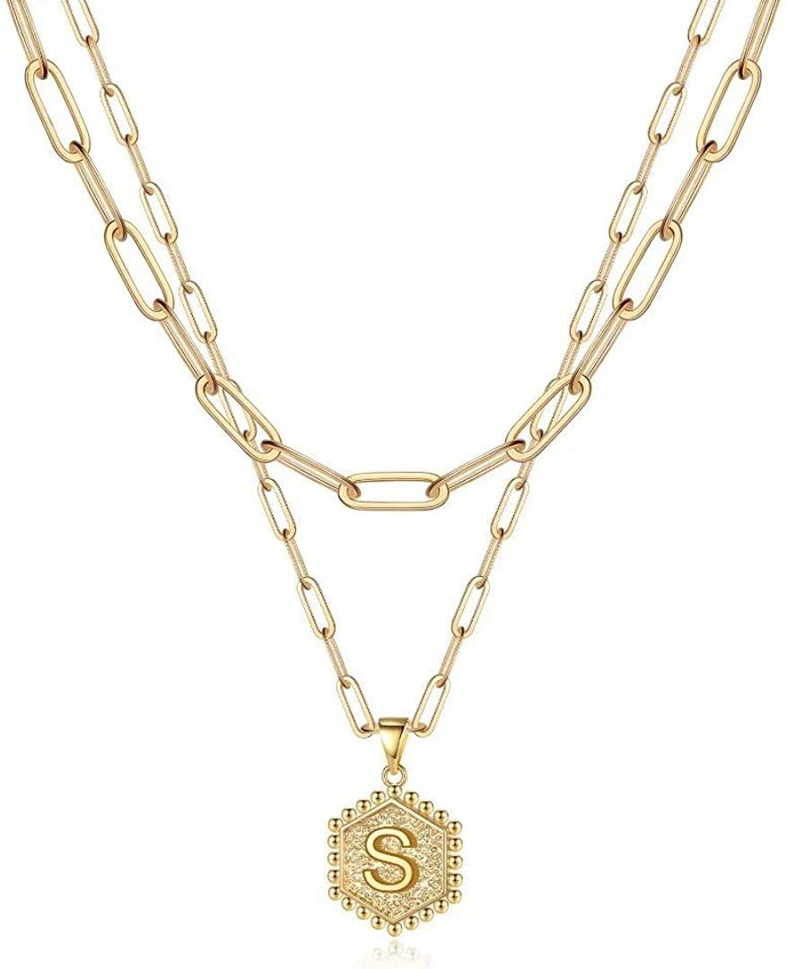 14K Gold Plated Paperclip Chain Necklace Simple Cute Hexagon Letter Pendant Initial Choker Necklace - Decotree.co Online Shop