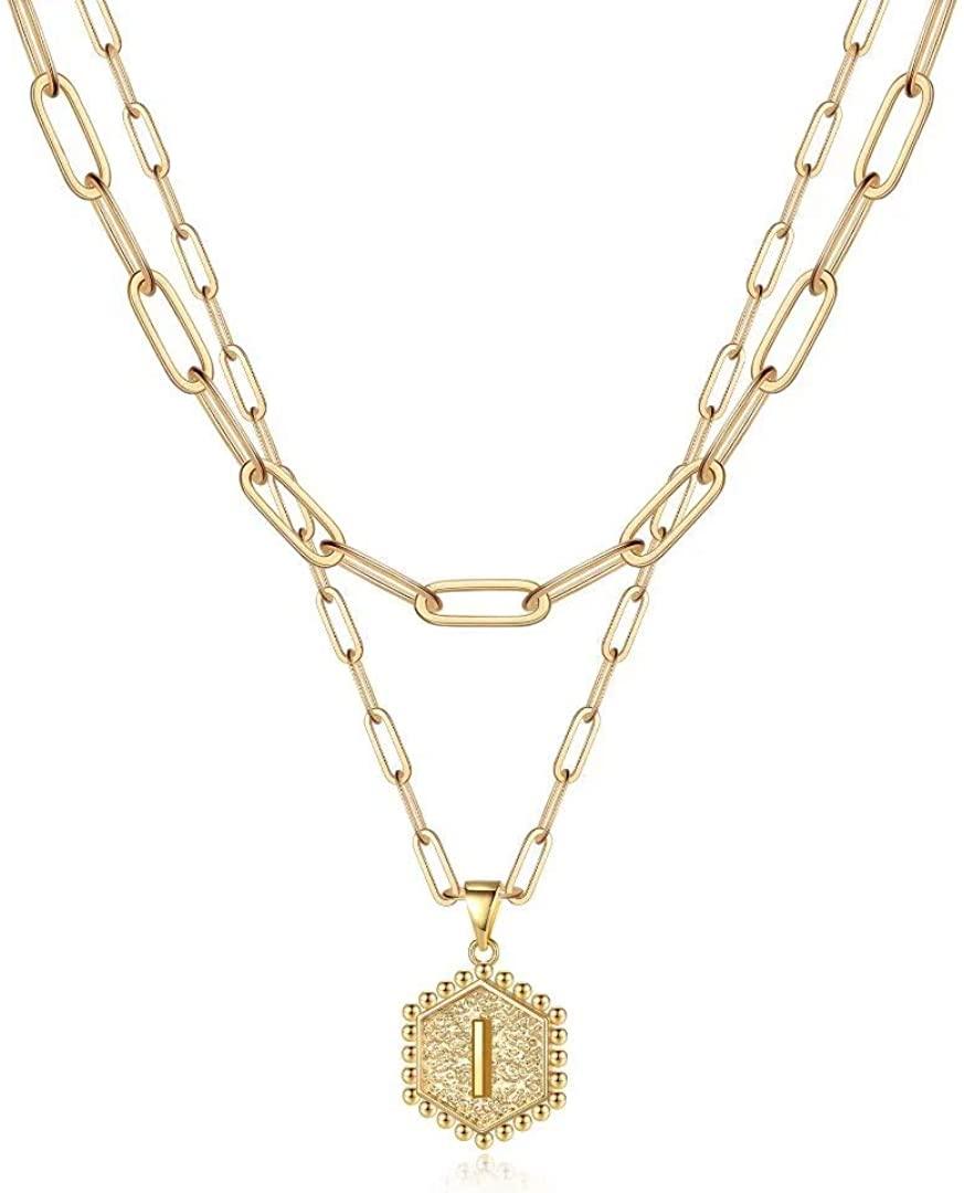 14K Gold Plated Paperclip Chain Necklace Simple Cute Hexagon Letter Pendant Initial Choker Necklace - Decotree.co Online Shop