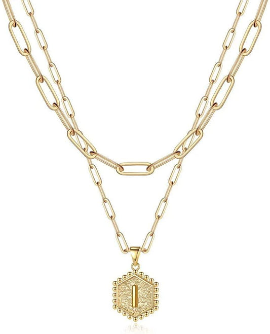 14K Gold Plated Paperclip Chain Necklace Simple Cute Hexagon Letter Pendant Initial Choker Necklace - Decotree.co Online Shop