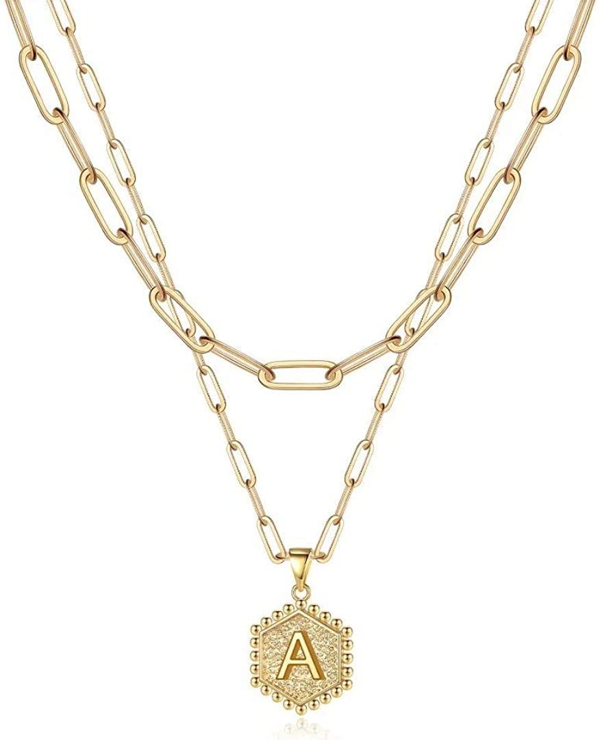 14K Gold Plated Paperclip Chain Necklace Simple Cute Hexagon Letter Pendant Initial Choker Necklace - Decotree.co Online Shop