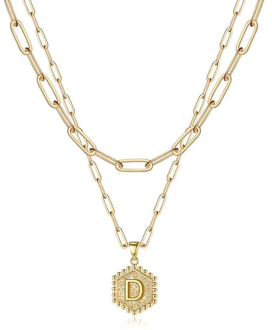 14K Gold Plated Paperclip Chain Necklace Simple Cute Hexagon Letter Pendant Initial Choker Necklace - Decotree.co Online Shop