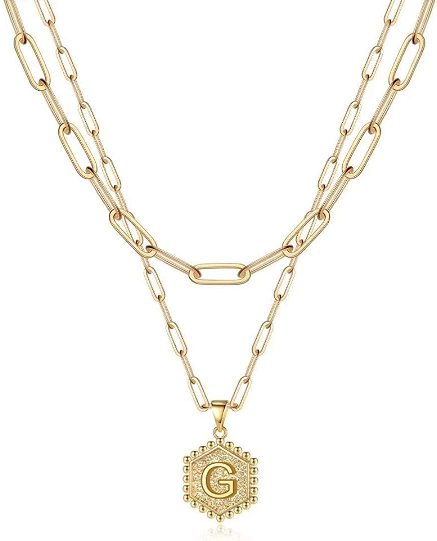 14K Gold Plated Paperclip Chain Necklace Simple Cute Hexagon Letter Pendant Initial Choker Necklace - Decotree.co Online Shop