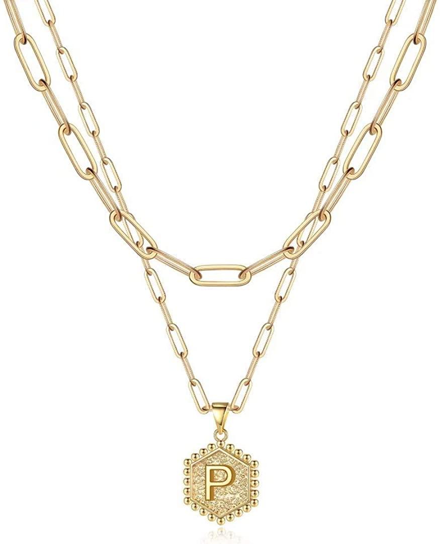 14K Gold Plated Paperclip Chain Necklace Simple Cute Hexagon Letter Pendant Initial Choker Necklace - Decotree.co Online Shop