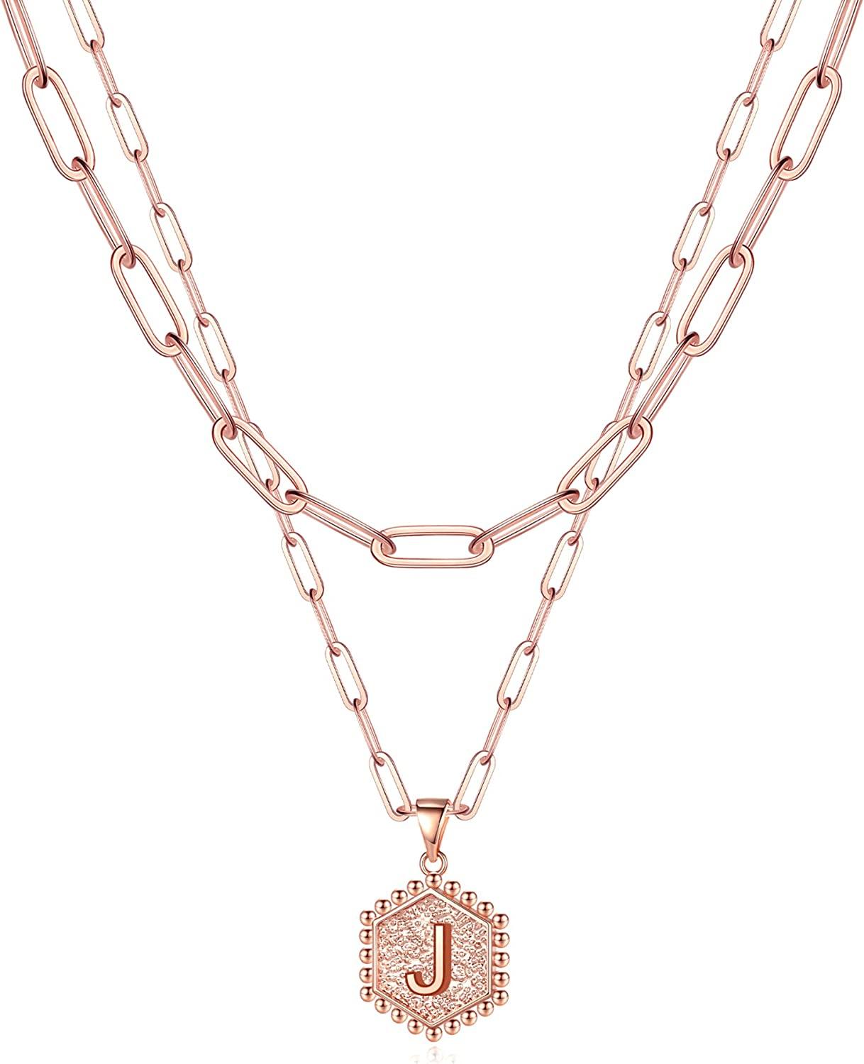 14K Gold Plated Paperclip Chain Necklace Simple Cute Hexagon Letter Pendant Initial Choker Necklace - Decotree.co Online Shop